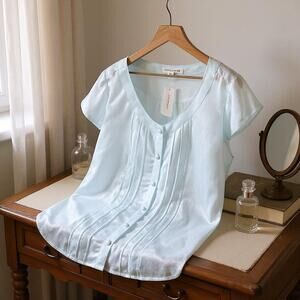 BANANA REPUBLIC 100% Silk Pleated Fringe Blouse Blue Button Down Womens XL